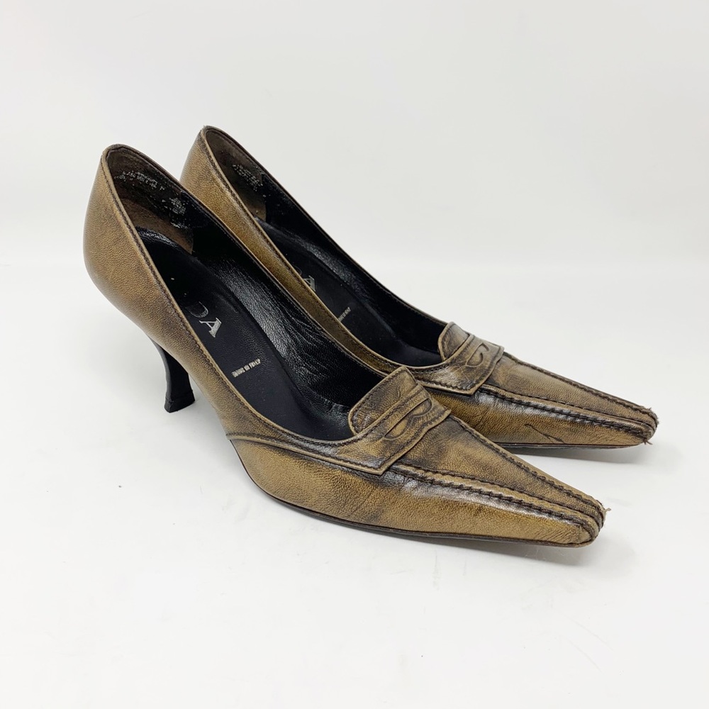 Prada tan leather pointed toe heeled penny loafers
